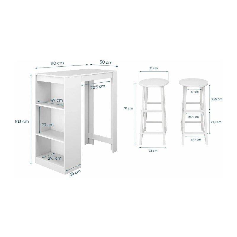 Beyaz Raflı Bar Tipi Mutfak Masası 110x50x103 cm ve 2 Tabure Seti - 88585