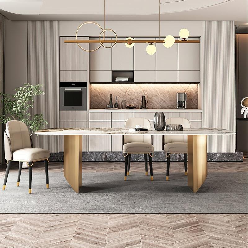 Beyaz Sintered Taş Dikdörtgen Yemek Masası Çift Tabanlı Paslanmaz Çelik Ayaklı - 86914