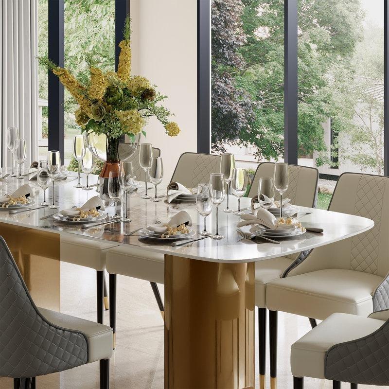 Beyaz Sintered Taş Dikdörtgen Yemek Masası Çift Tabanlı Paslanmaz Çelik Ayaklı - 86914