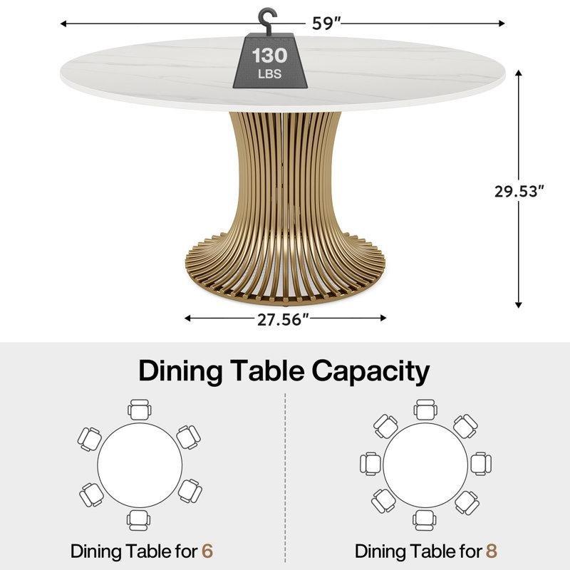 Beyaz Taş Tablalı Gold Pedestal Yemek Masası 150 cm - 86932