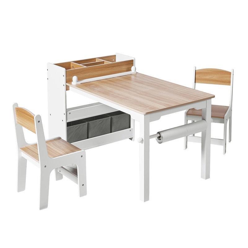 Beyaz ve Doğal Ahşap Sanat Etkinliği Çocuk Yemek Masası Kitaplıklı 3 Parçalı Set - 86512
