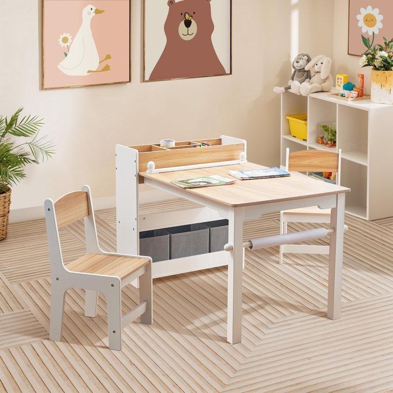 Beyaz ve Doğal Ahşap Sanat Etkinliği Çocuk Yemek Masası Kitaplıklı 3 Parçalı Set - 86512