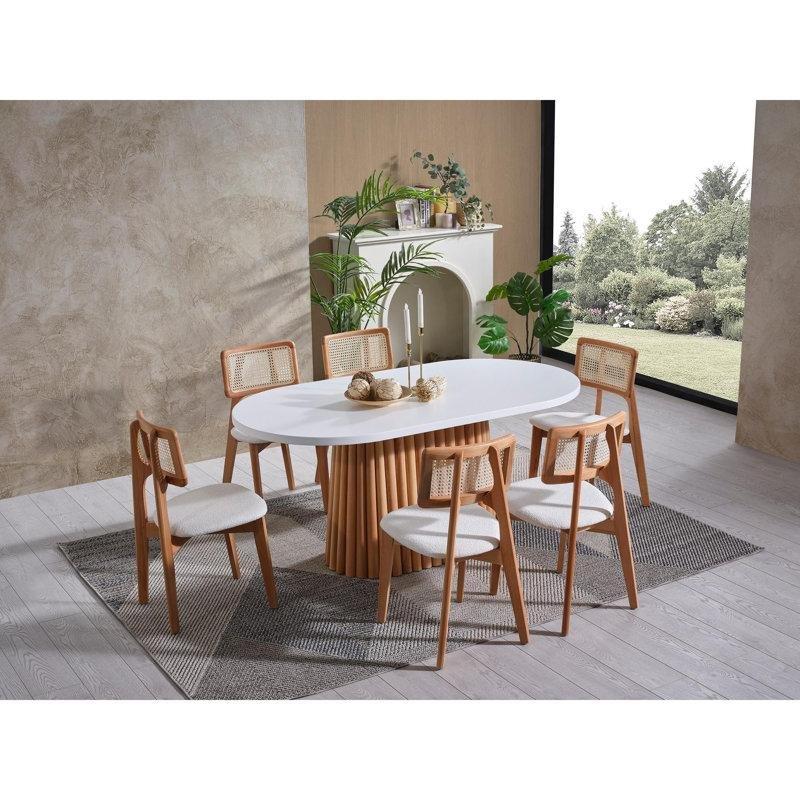 Beyaz ve Doğal Renk Kayın Ağacı 6 Kişilik Yemek Masası Takımı 170x90 cm - 88126