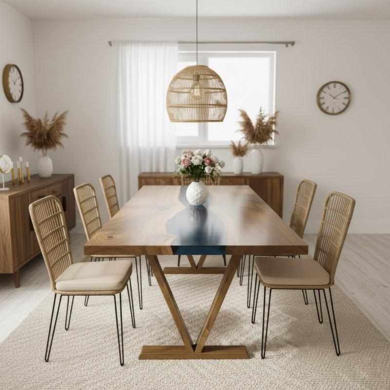 Ceviz Ağacı ve Mavi Epoksi Nehir Desenli 152 cm Yemek Masası - 86734