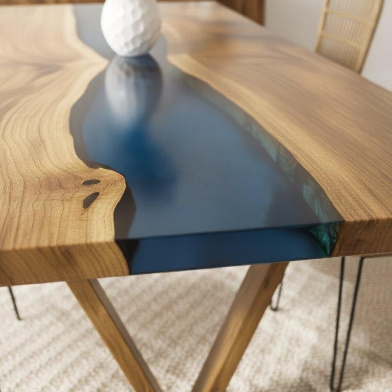 Ceviz Ağacı ve Mavi Epoksi Nehir Desenli 152 cm Yemek Masası - 86734