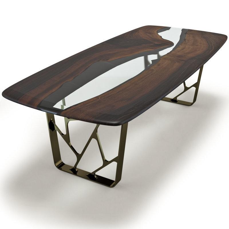 Ceviz Ahşap Epoksi Yemek Masası Bronz Metal Ayaklı 275 cm - 86731