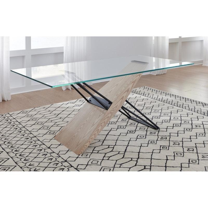 Çift Ayaklı Cam Yemek Masası 183 cm Doğal Ahşap ve Mat Siyah Metal Tabanı - 84742
