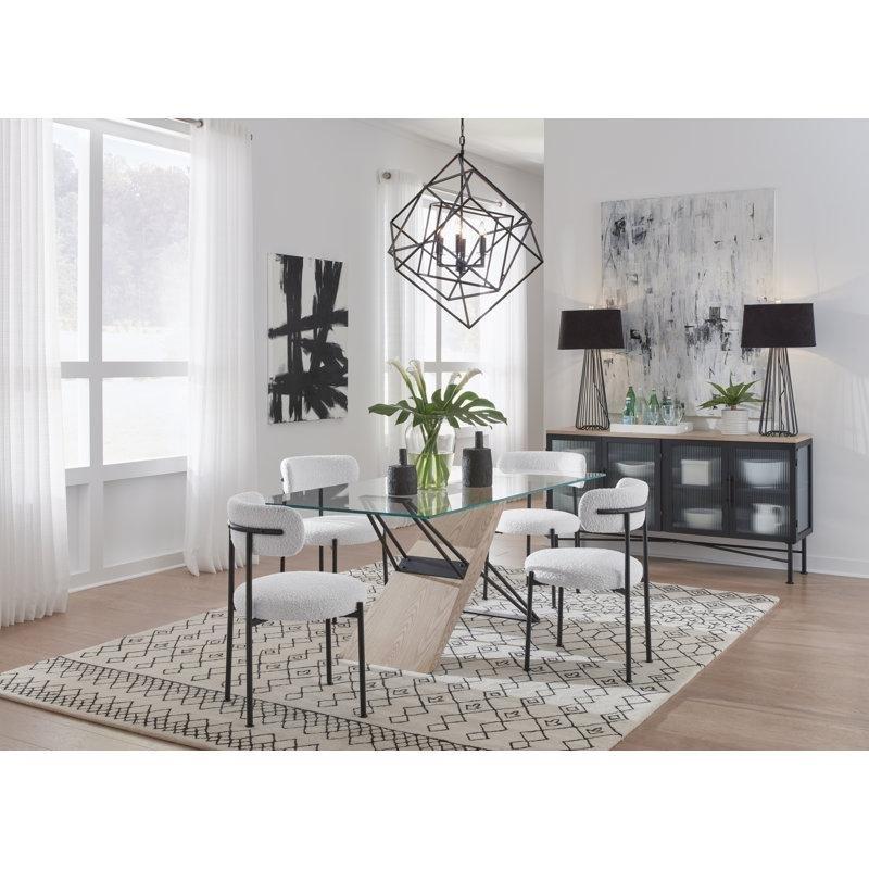 Çift Ayaklı Cam Yemek Masası 183 cm Doğal Ahşap ve Mat Siyah Metal Tabanı - 84742