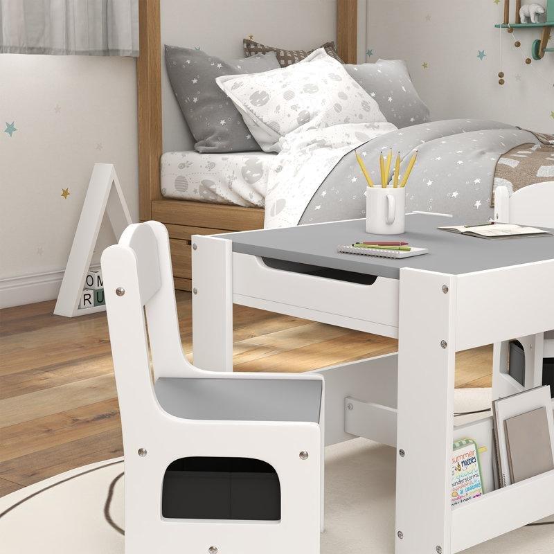 Çift Taraflı Dönerli Çocuk Yemek Masası Karatahta Özellikli 61 cm Beyaz Endüstriyel Ahşap - 86524