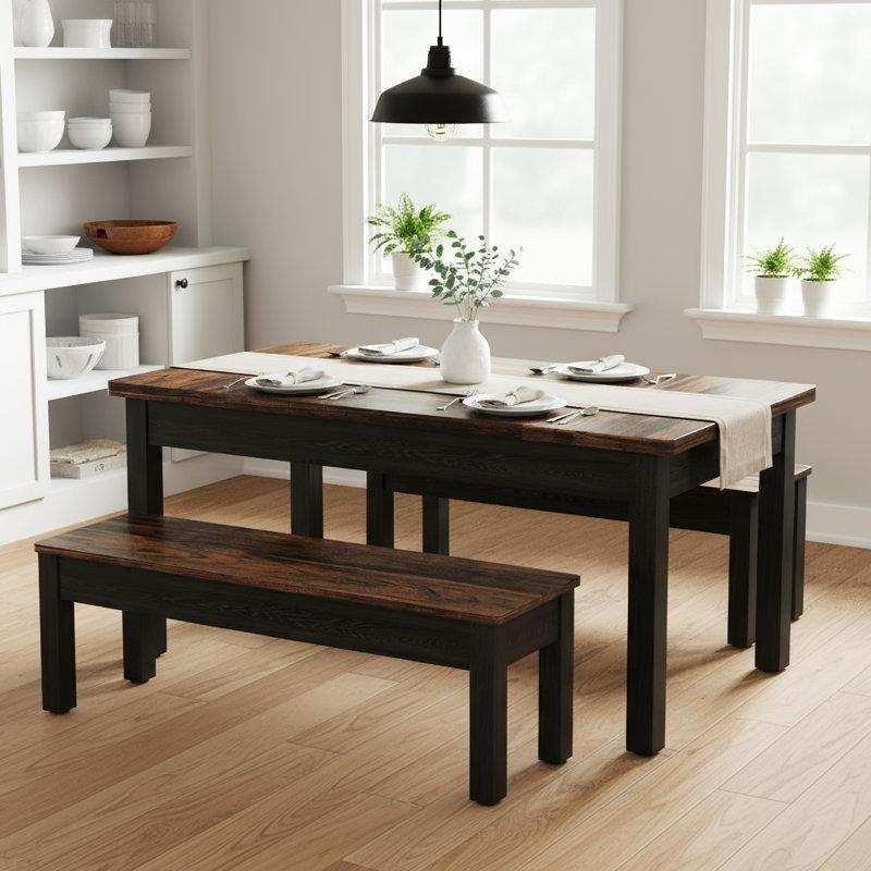 Çiftli Benchli Kahverengi Endüstriyel Ahşap Mutfak Masası 140 cm - 88786