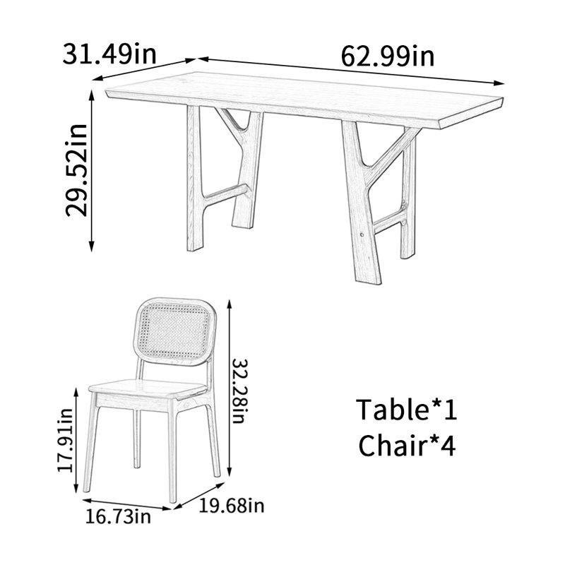 Dal Şeklinde Ayaklı Kiraz Ağacı Yemek Masası 160x80 cm ve 4 Hasırlı Sandalye Seti - 85237.0