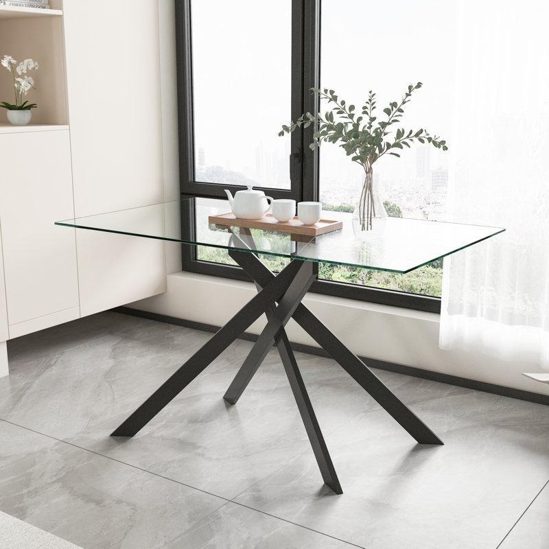 Dikdörtgen Şeffaf Cam Yemek Masası 76x130 cm Siyah Metal Çapraz Ayaklı - 86917