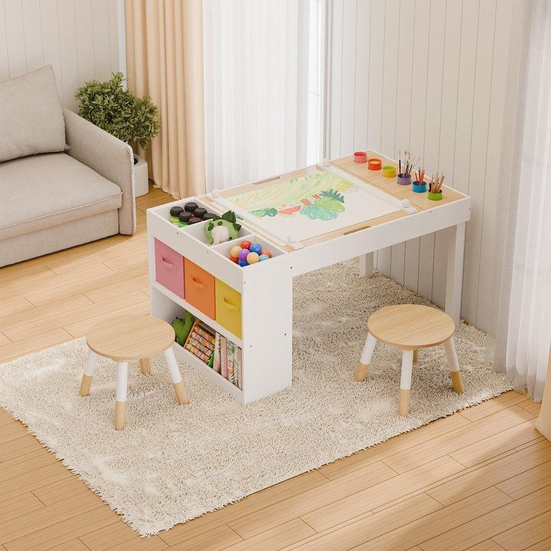 Doğal Ahşap Çift Yüzlü Çocuk Sanat Masası 100x60 cm ve 2 Sandalyeli Set - 86554