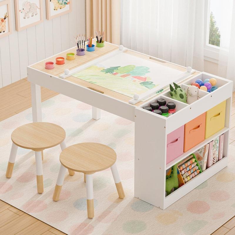 Doğal Ahşap Çift Yüzlü Çocuk Sanat Masası 100x60 cm ve 2 Sandalyeli Set - 86554