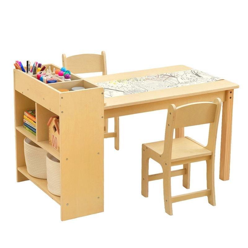 Doğal Ahşap Depolama Bölmeli Çocuk Yemek Masası ve 2 Sandalyeli Set - 86575
