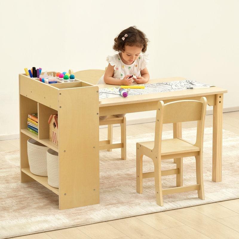 Doğal Ahşap Depolama Bölmeli Çocuk Yemek Masası ve 2 Sandalyeli Set - 86575