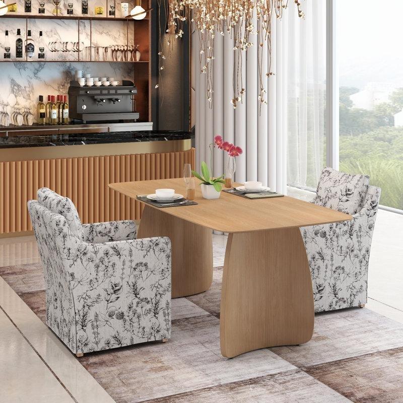 Doğal Ahşap Dikdörtgen Yemek Masası Takımı 150x90 cm Mavi Çiçekli Kumaş Sandalyeler - 88129