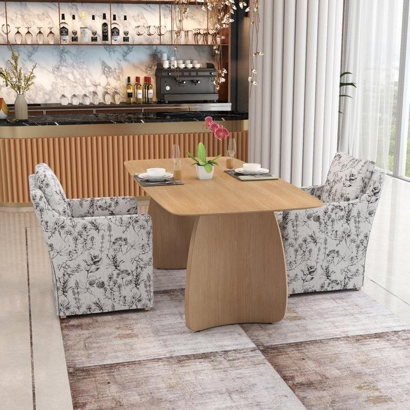 Doğal Ahşap Dikdörtgen Yemek Masası Takımı 150x90 cm Mavi Çiçekli Kumaş Sandalyeler - 88129