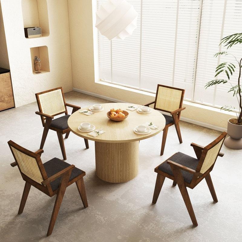 Doğal Ahşap Silindirik Ayaklı Yuvarlak 6 Kişilik Yemek Masası 120 cm - 84124