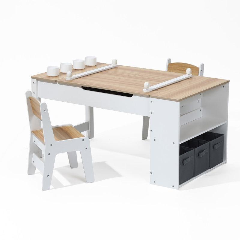 Doğal Ahşap Üstlü Beyaz Çocuk Yemek Masası 109x61x54 cm Saklama Rafı ve 2 Sandalyeli Set - 86569