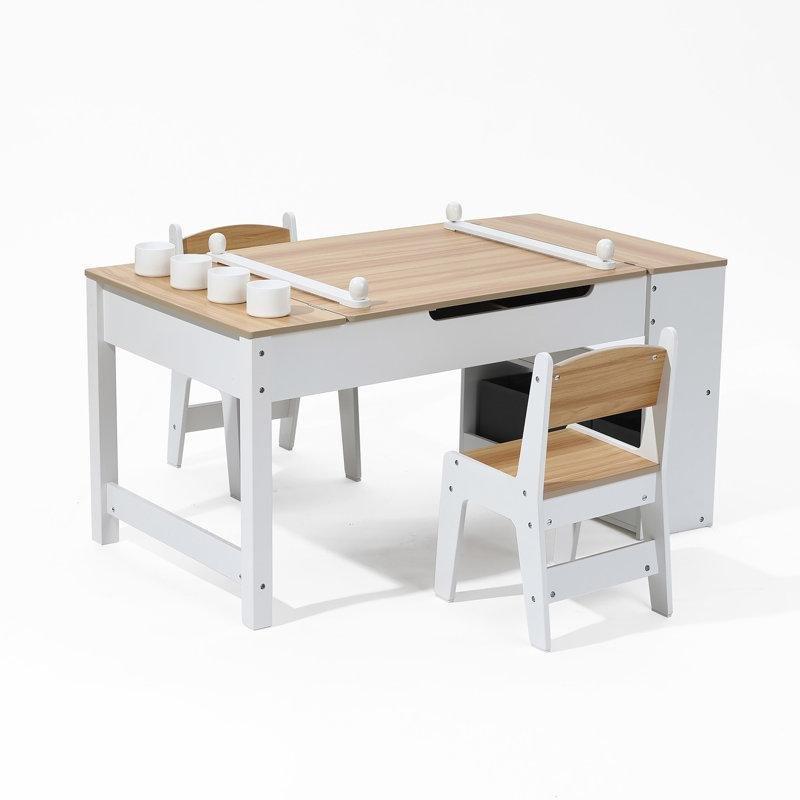 Doğal Ahşap Üstlü Beyaz Çocuk Yemek Masası 109x61x54 cm Saklama Rafı ve 2 Sandalyeli Set - 86569