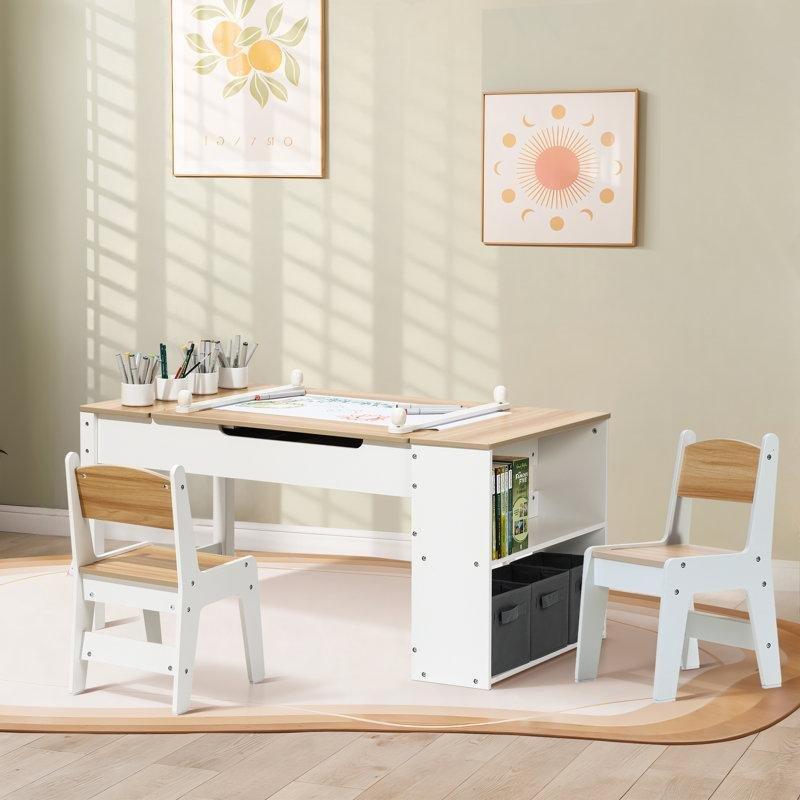Doğal Ahşap Üstlü Beyaz Çocuk Yemek Masası 109x61x54 cm Saklama Rafı ve 2 Sandalyeli Set - 86569