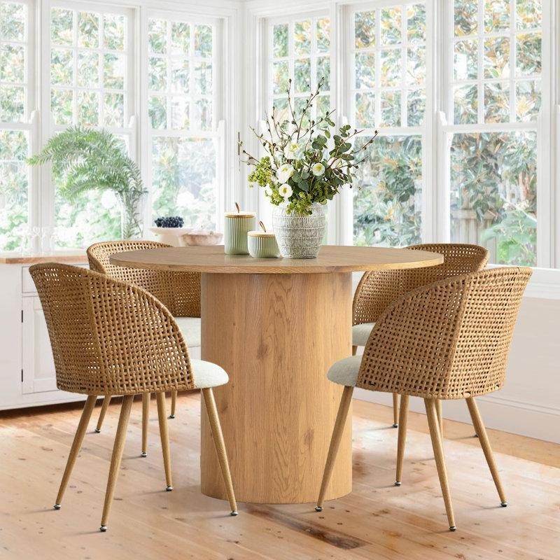 Doğal Ahşap Yuvarlak Bohem Mutfak Masası 105 cm ve 4 Kumaş Sandalye Seti - 85210.0