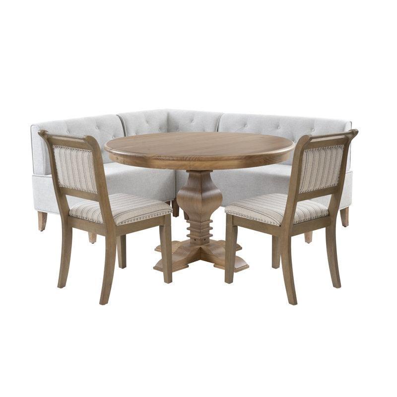 Doğal Ahşap Yuvarlak Pedestal Mutfak Masası Gri Kumaş Bench Sandalye Seti 122 cm - 88708