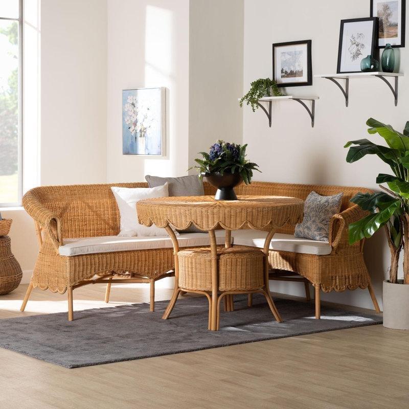 Doğal Bal Rengi Rattan Yemek Masası Takımı 106 cm Yuvarlak Masa ve 2 Köşe Oturma Ünitesi - 88192