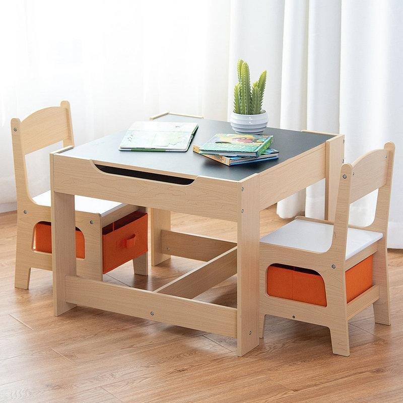 Doğal Endüstriyel Ahşap Çocuk Yemek Masası 62x62 cm ve 2 Sandalyeli Aktivite Seti - 86521