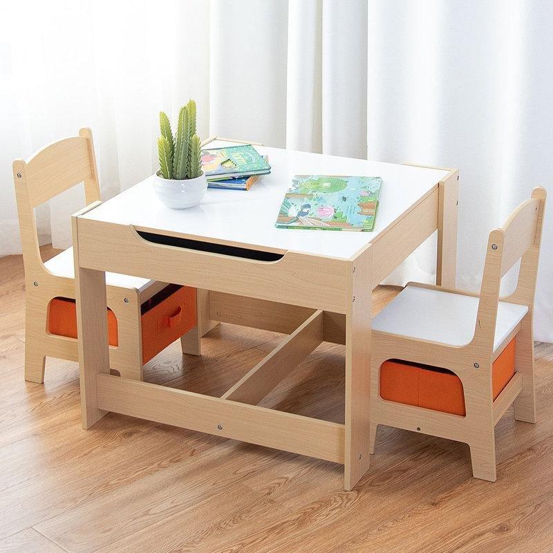 Doğal Endüstriyel Ahşap Çocuk Yemek Masası 62x62 cm ve 2 Sandalyeli Aktivite Seti - 86521