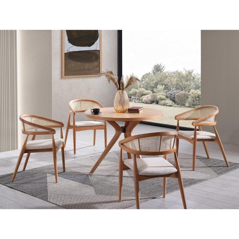 Doğal Huş Ağacı 100x100 cm Yuvarlak Bohem Mutfak Masası ve 4 Sandalye Seti - 85267.0