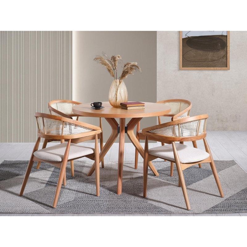 Doğal Huş Ağacı 100x100 cm Yuvarlak Bohem Mutfak Masası ve 4 Sandalye Seti - 85267.0
