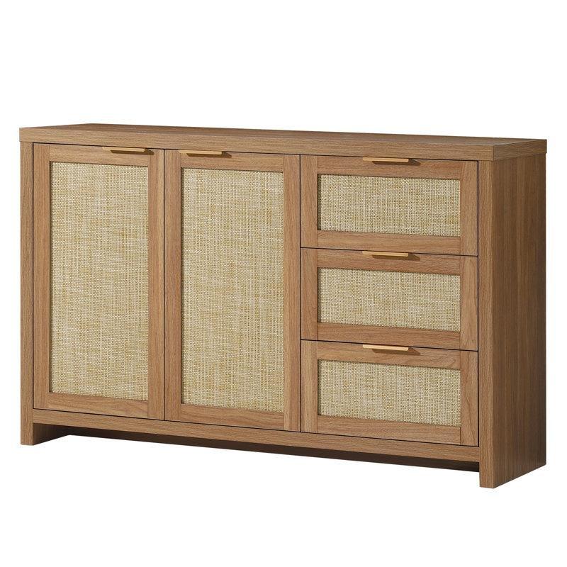 Doğal Meşe Rattan Kapılı Üç Çekmeceli Depolama Konsolu 130 cm - 88495