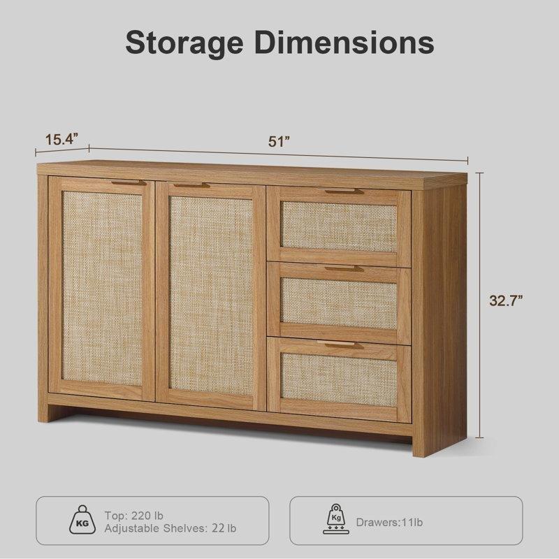 Doğal Meşe Rattan Kapılı Üç Çekmeceli Depolama Konsolu 130 cm - 88495