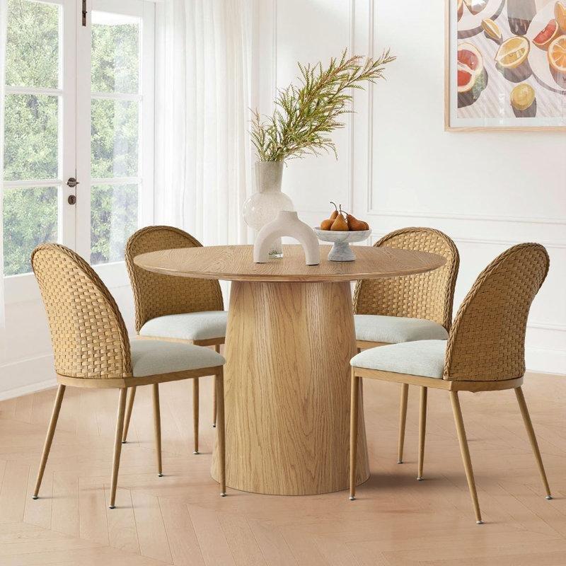 Doğal Meşe Yuvarlak Ayaklı Bohem Mutfak Masası 107 cm Dörtlü Sandalye Seti - 85204.0