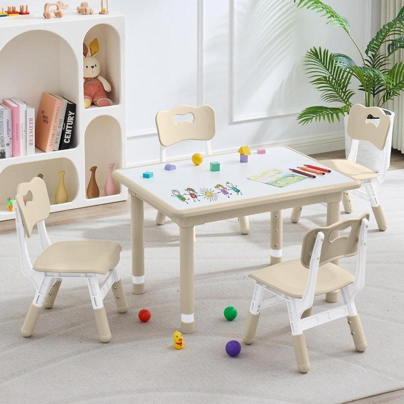 Doğal Renk Plastik Ayarlanabilir Çocuk Yemek Masası ve 4 Sandalye Seti 80x66x66 cm - 86557