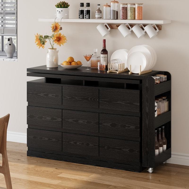 Dönerli Üst Tablalı Siyah Endüstriyel Ahşap Mutfak Adası 130x51 cm - 86233