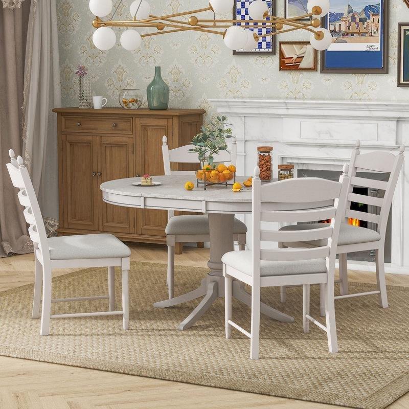 Dört Kişilik Açılır Mutfak Masası Masif Ahşap Pedestal Tabanı ve Kumaş Sandalyeler - 85141.0