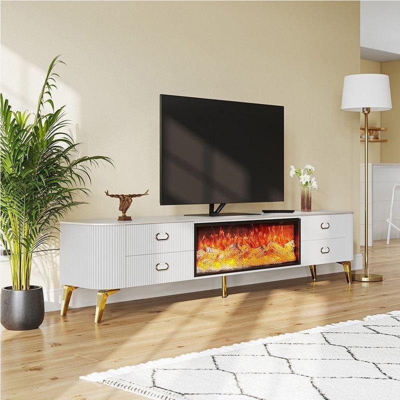Elektrikli Şömineli TV Ünitesi 200 cm Beyaz Gold Endüstriyel Ahşap - 83104