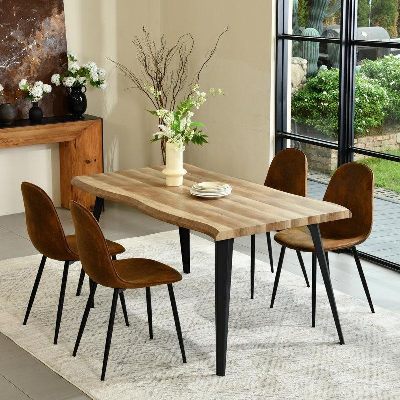 Endüstriyel Ahşap Canlı Kenar Tasarımlı Kahverengi Kumaş Sandalyeli Yemek Masası Seti 160x90 cm - 85021
