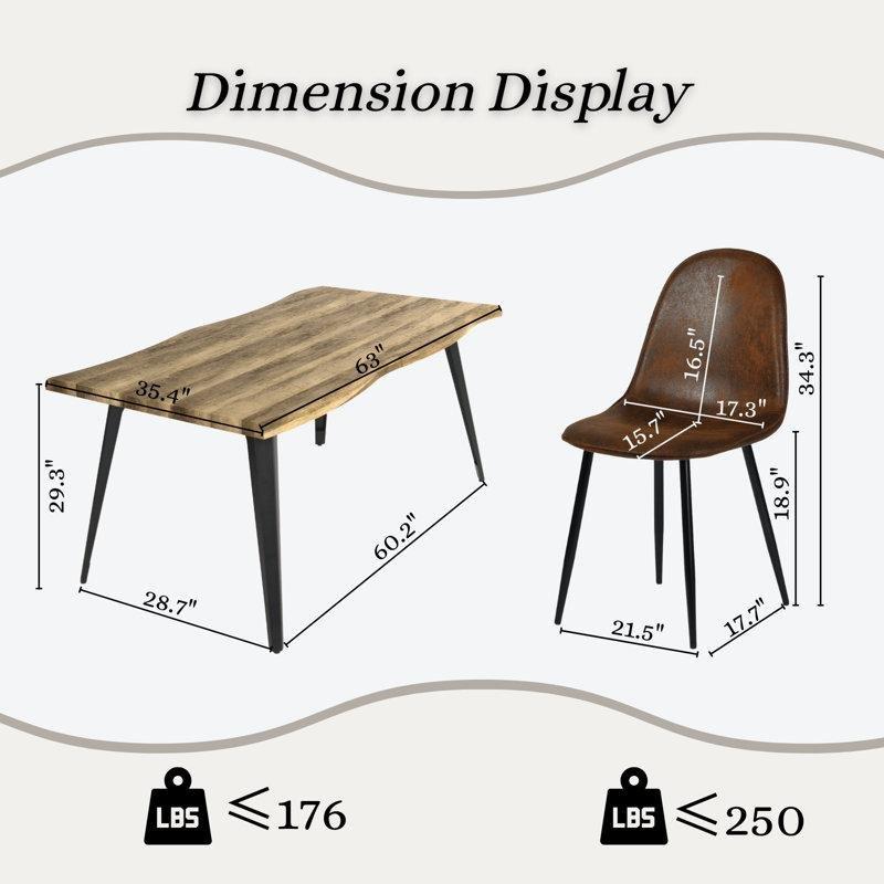 Endüstriyel Ahşap Canlı Kenar Tasarımlı Kahverengi Kumaş Sandalyeli Yemek Masası Seti 160x90 cm - 85021