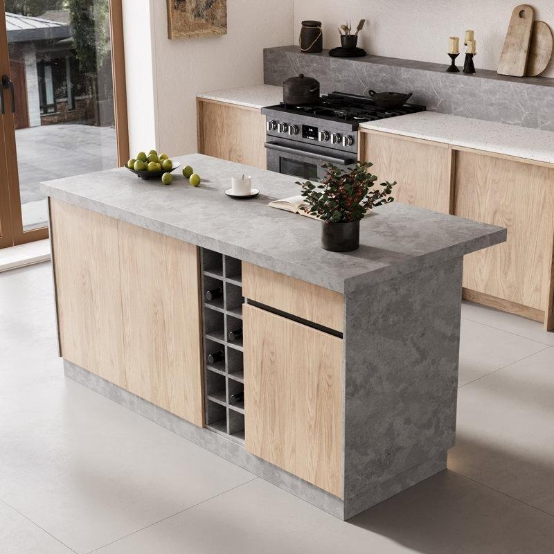 Endüstriyel Ahşap Şarap Rafı Bölmeli Gri Beton Dolaplı Yemek Masası 183x90x90 cm - 86203