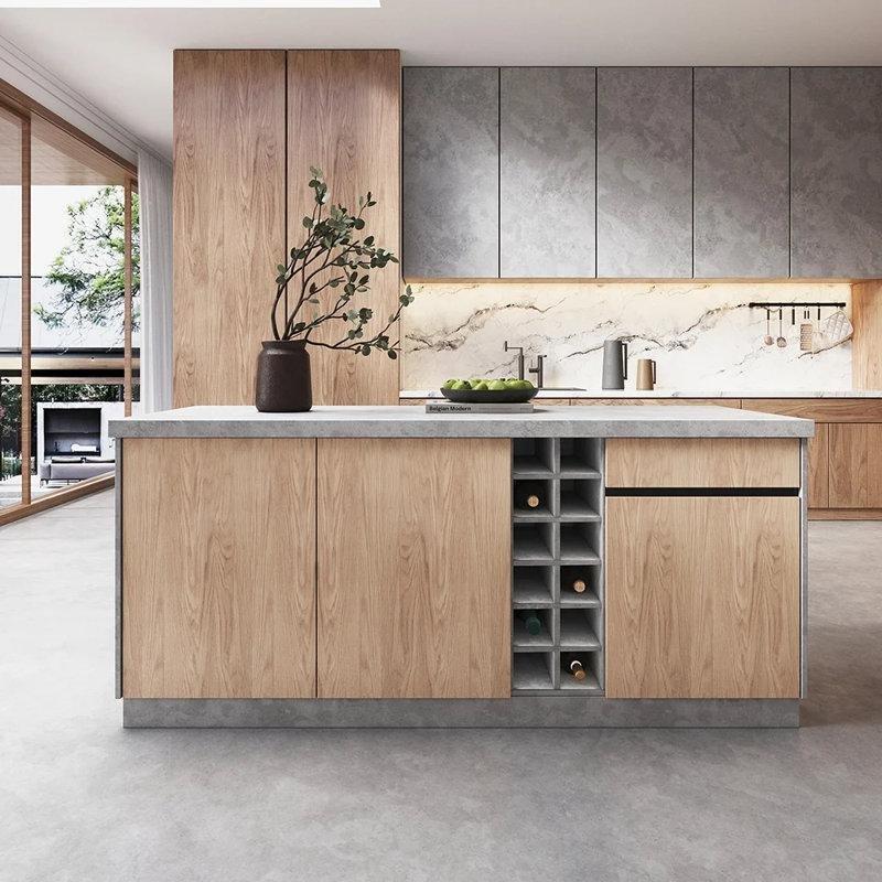 Endüstriyel Ahşap Şarap Rafı Bölmeli Gri Beton Dolaplı Yemek Masası 183x90x90 cm - 86203