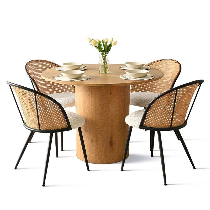Endüstriyel Ahşap Yuvarlak Bohem Mutfak Masası 105 cm ve 4 Bej Boucle Sandalyeli Yemek Seti - 85216.0