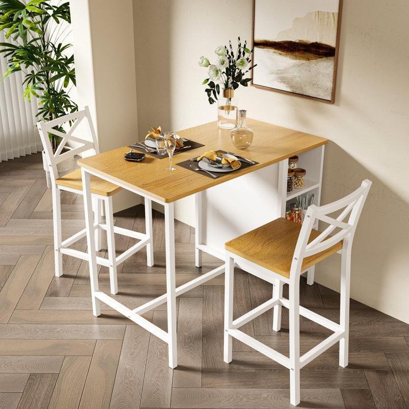 Endüstriyel Tarzda Sarı Beyaz Metal Çerçeveli 105 cm Depolama Raflı Yemek Masası Seti - 85621.0