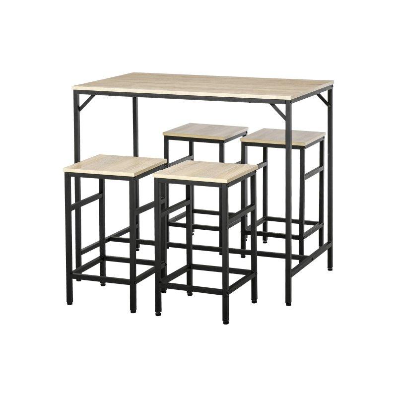 Endüstriyel Tasarımlı Açık Ceviz Rengi Metal Ayaklı Bar Masası ve 4 Tabure Seti 100x60x88 cm - 88642