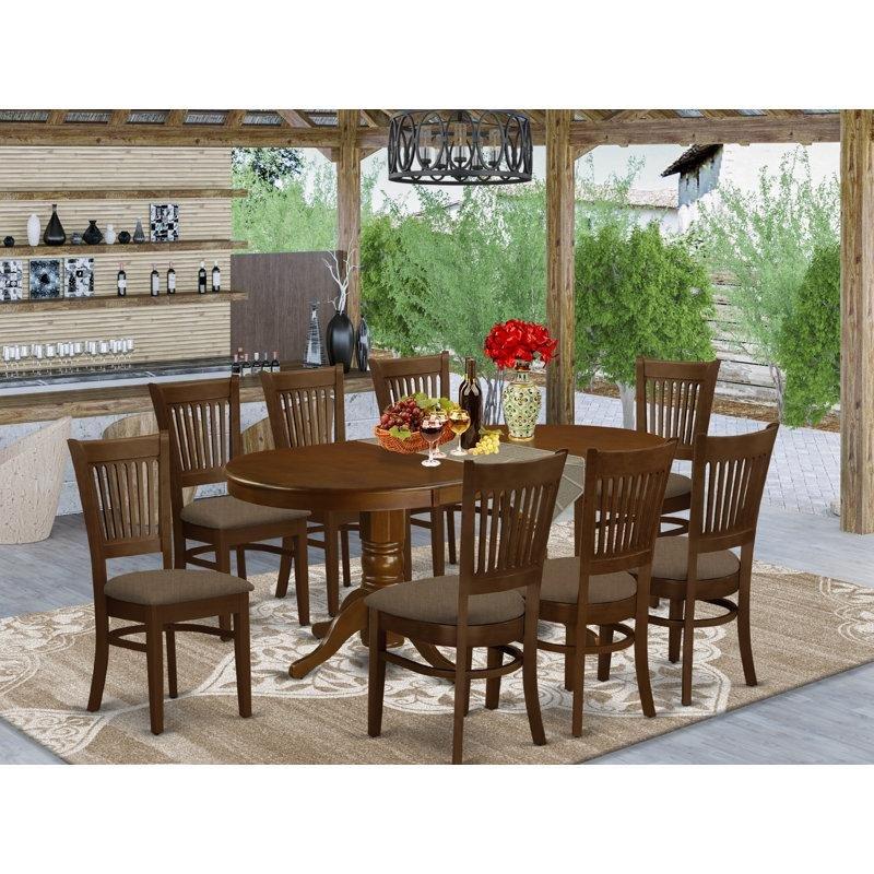 Espresso Rengi Endüstriyel Ahşap 9 Parçalı Açılır Mutfak Masası ve Keten Kumaş Sandalye Seti - 85180.0