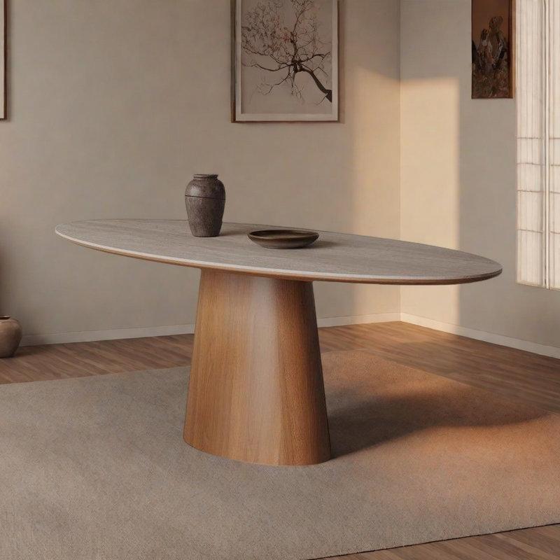 Fransız Tarzı Bej Arduvaz Üstlü Oval Yemek Masası 180x90 cm - 84418