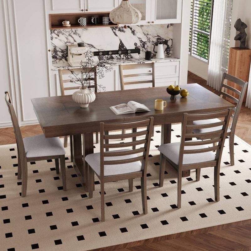 Genişletilebilir Endüstriyel Ahşap ve Keten Kumaş 7 Parçalı Yemek Masası Seti - 86032